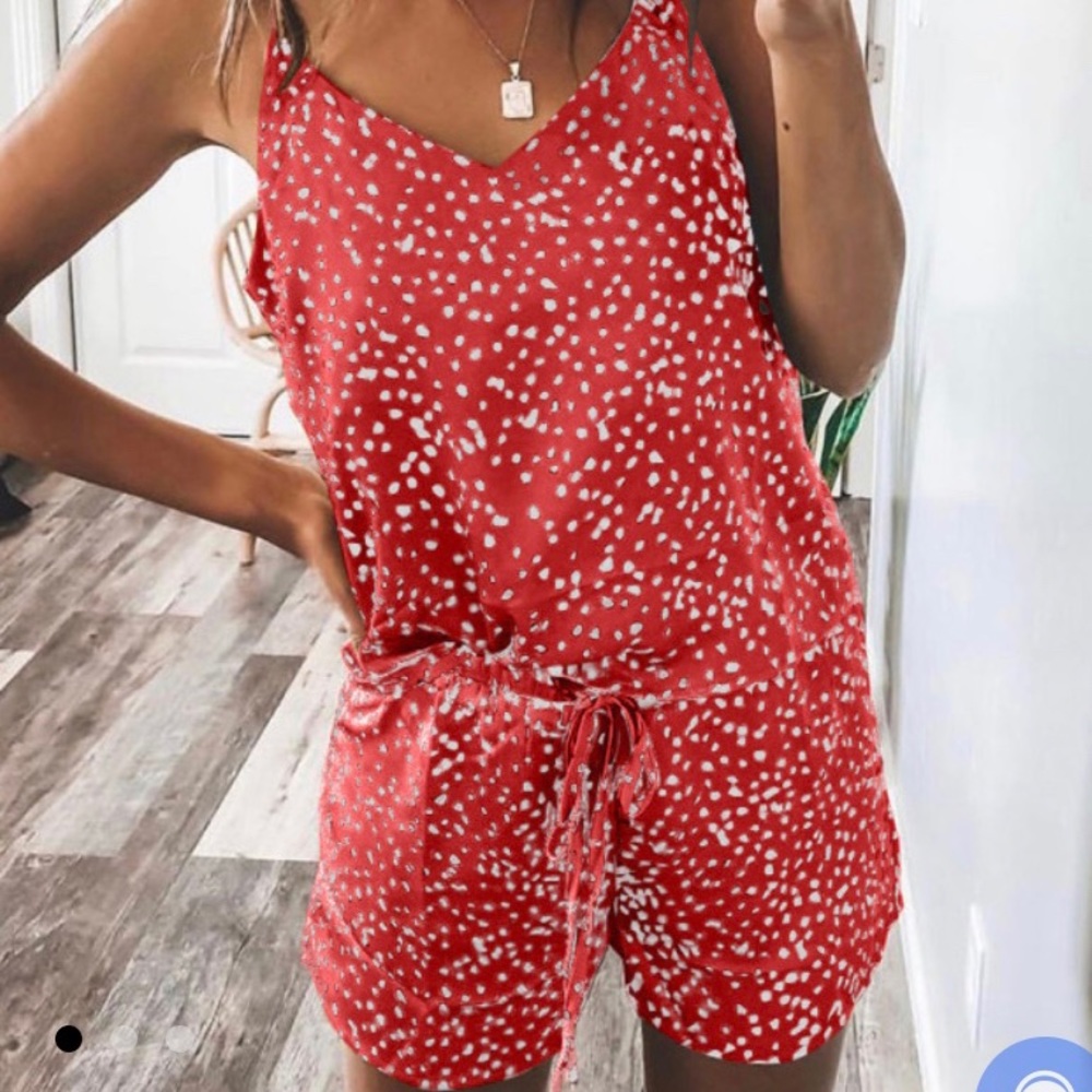 Red Satin 2pc PJs with white polkadots